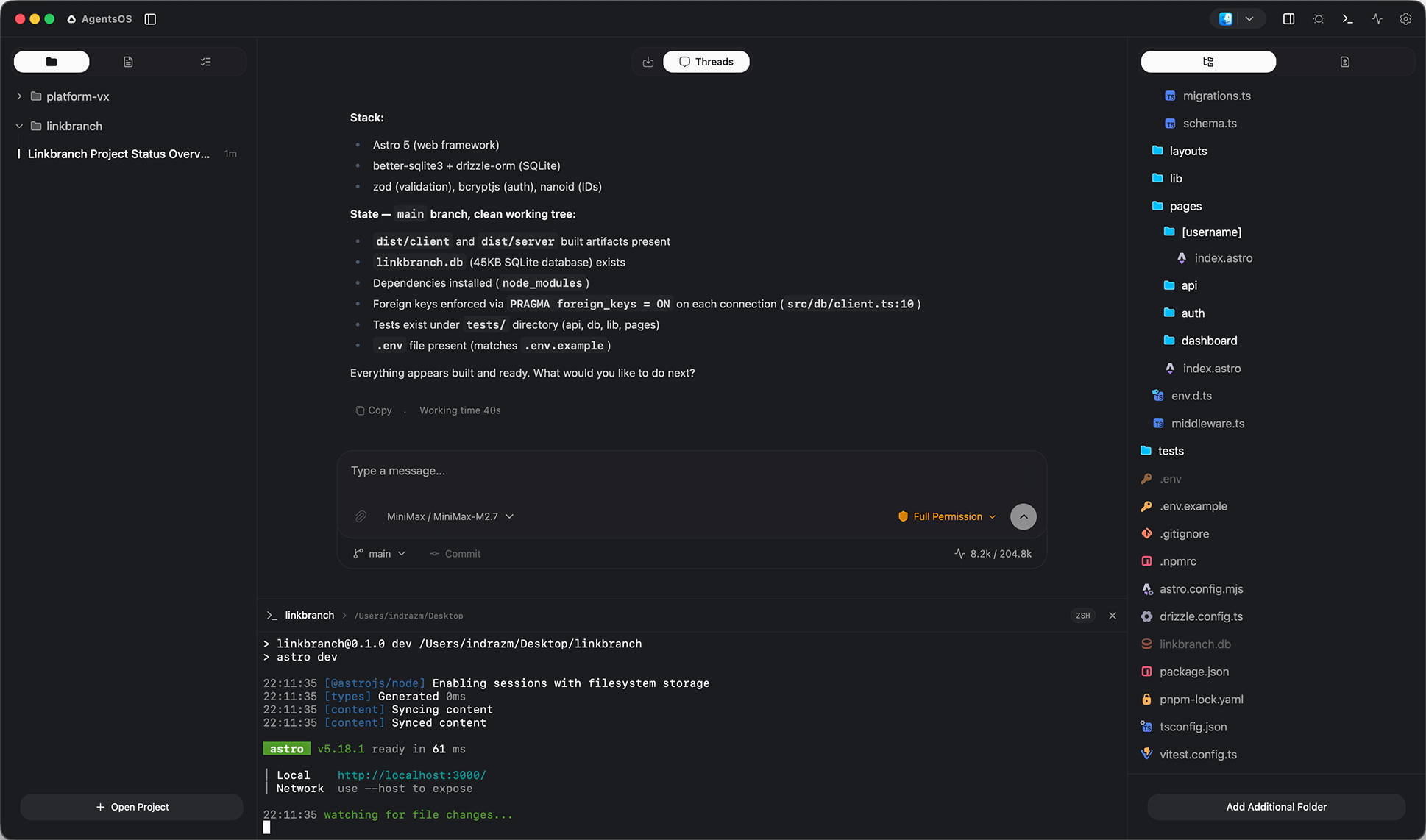 AgentsOS app screenshot showing the kanban board and agent workspace